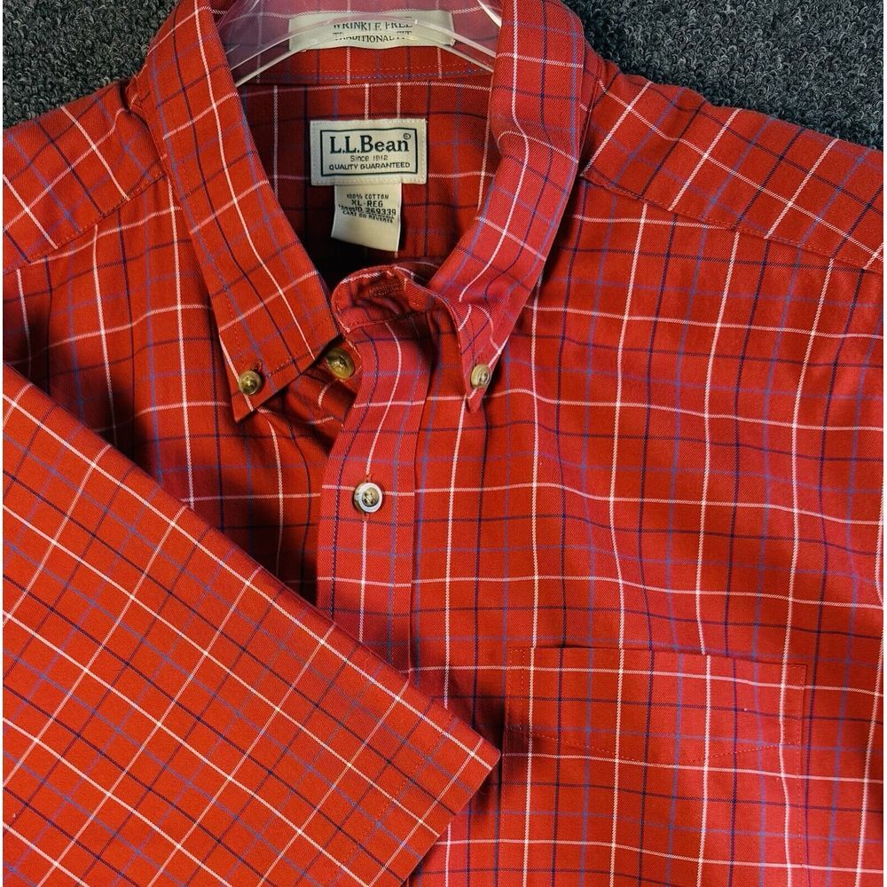 LL Bean 269339 Button Up Shirt Men XL Rust Plaid Shirt Sleeve Wrinkle Resist